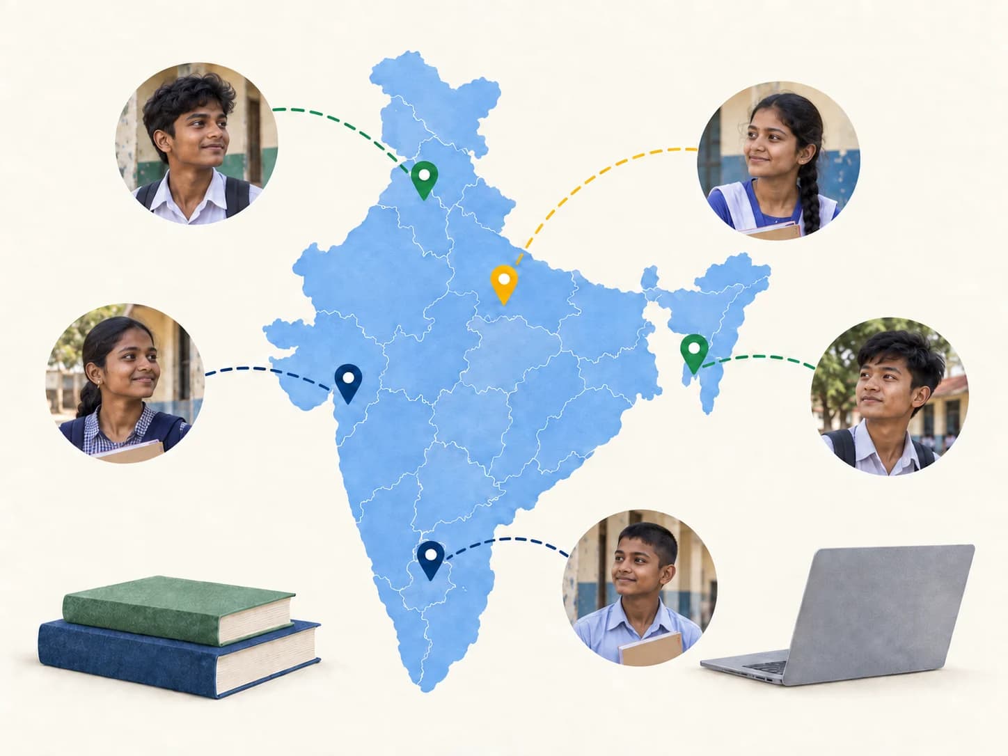 An illustrated map of India connecting students with books and digital learning