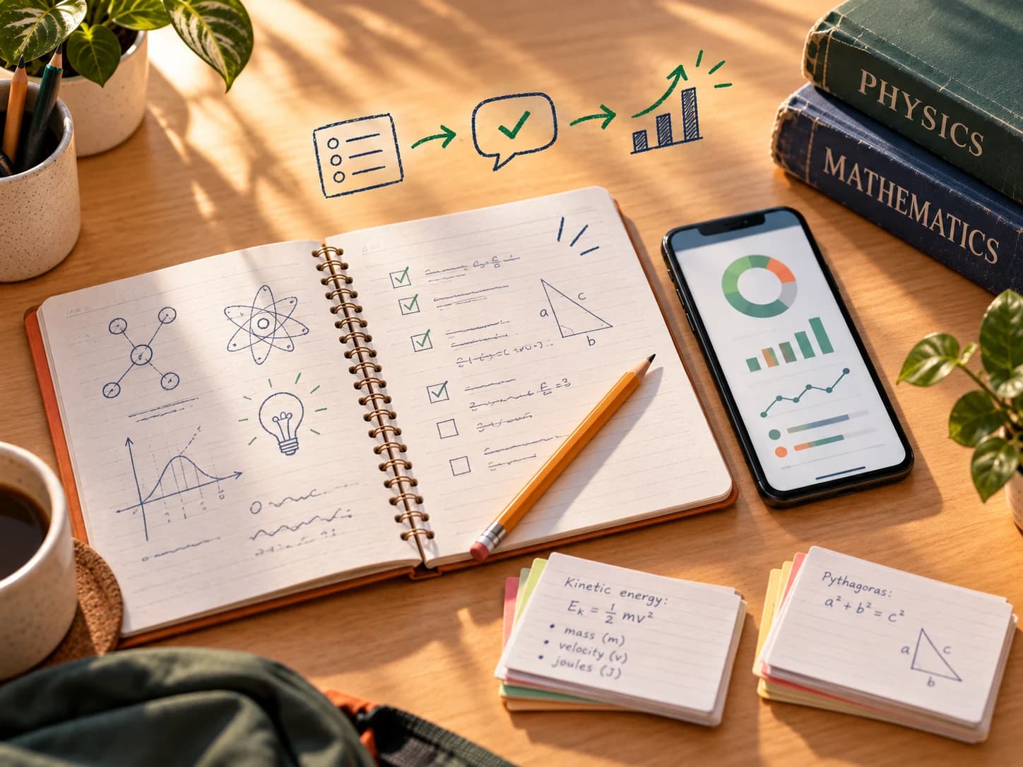 A study desk with Physics and Mathematics books, practice notes and a progress dashboard